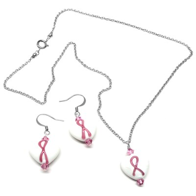 SET Pink Ribbon Awareness White Lamp Work Glass Heart Chain Necklace and Earrings - image3